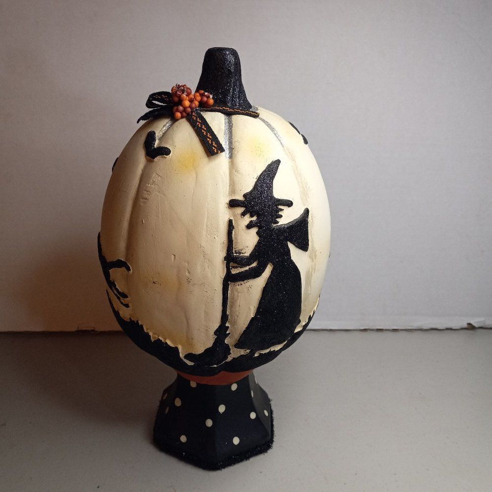 Halloween White Jack-O-Lantern on Black with White Polka-a Dots Pedestal